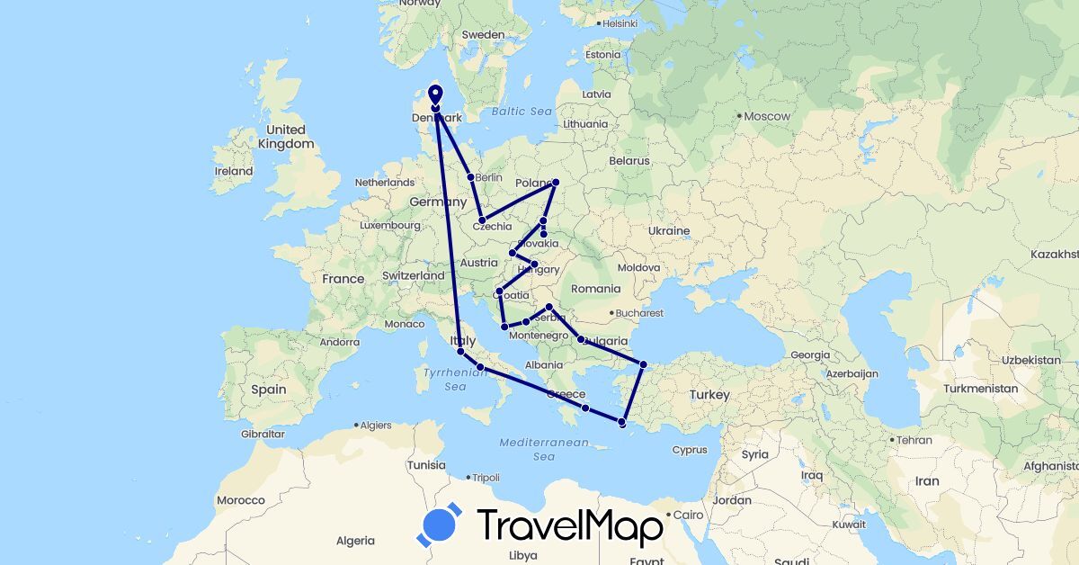 TravelMap itinerary: driving in Bosnia and Herzegovina, Bulgaria, Czech Republic, Germany, Denmark, Greece, Croatia, Hungary, Italy, Poland, Serbia, Slovakia, Turkey (Asia, Europe)