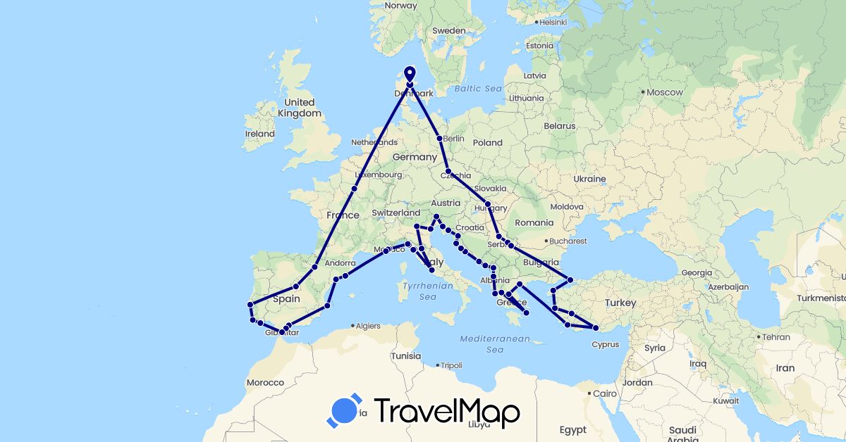 TravelMap itinerary: driving in Albania, Czech Republic, Germany, Denmark, Spain, France, Gibraltar, Greece, Croatia, Hungary, Italy, Monaco, Montenegro, Portugal, Serbia, Turkey (Asia, Europe)